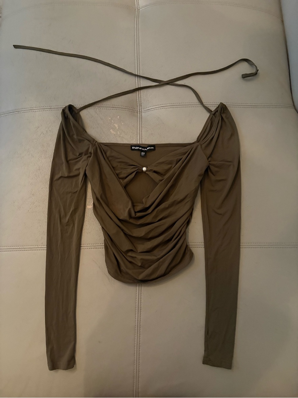 Source Unknown Olive Green Long Sleeve Draped Front Top